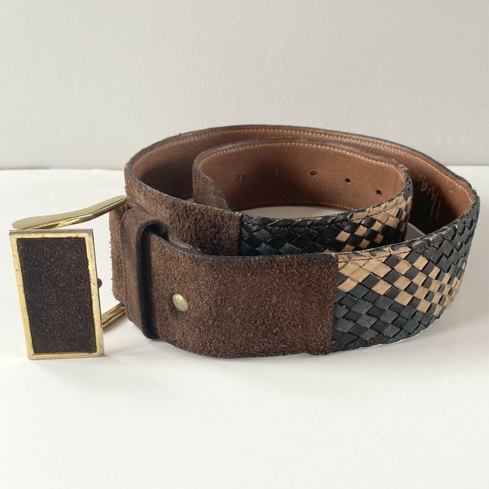 Vintage Vera Neumann Suede & Woven Leather Gold Tone Belt Buckle Size Large